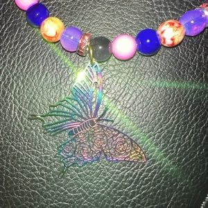 Butterfly purple and beaded flexible adjustable gold wire necklace and earrings